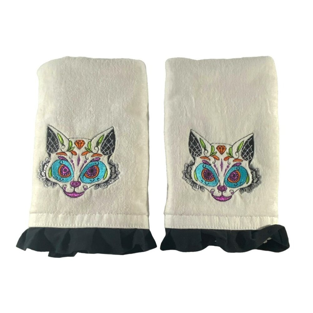Kassa Fina Sugar Skull Cat Embroidered Hand Towels 2 Lot NWOT Dia de Los Muertos